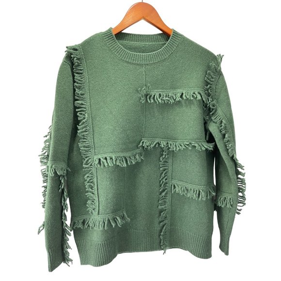 Vintage Forest Green tassel Cashmere Knit Pullover Sweater, Size Women's Large - Picture 2 of 7